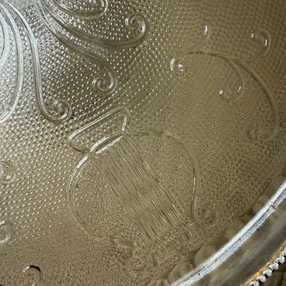Antique  Glass Cake Stand Art Deco Ruffled Edge Musicsl Instruments 1950’s